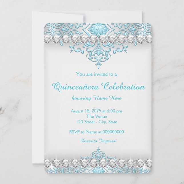 Turquoise and Silver Diamond Quinceanera Invitation (Front)