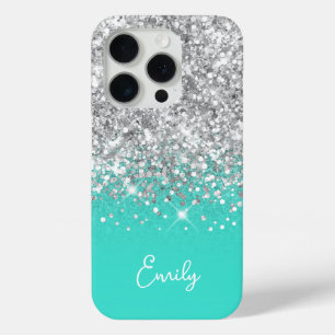 Turquoise and Silver Glitter Glam iPhone 15 Pro Case
