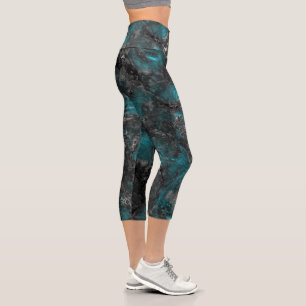 Turquoise and Silver Marble Abstract Capri Leggings