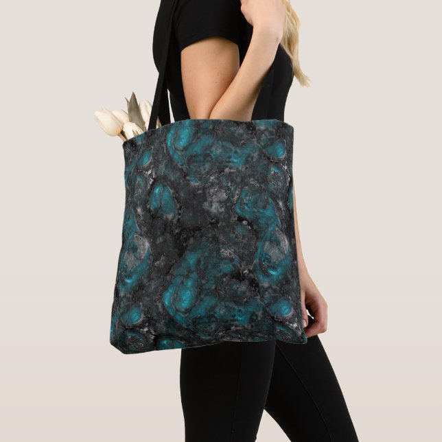 Turquoise and Silver Marble Abstract Tote Bag (Close Up)