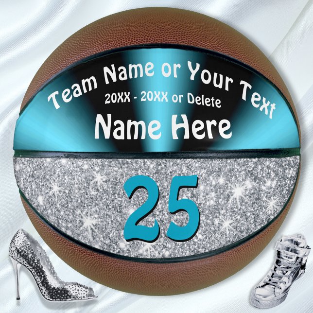 Turquoise and Silver Personalised Basketball Ball (Personalized Basketball for Girls. Senior Night basketball gifts for girls. Teal Silver Basketball.)