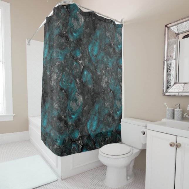 Turquoise and silver shower curtain (In Situ)