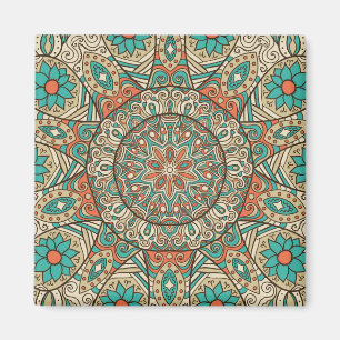 Turquoise and Tan Floral Mandela Magnet