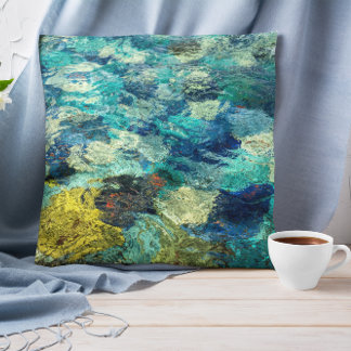 Turquoise and Teal Abstract Watery Paint Pour Cushion