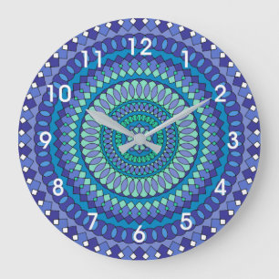Turquoise and teal blue mandala large clock