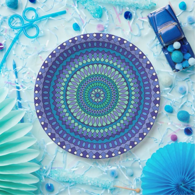 Turquoise and teal blue mandala pattern classic ro paper plate (Party)