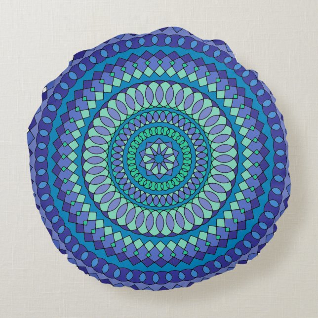 Turquoise and teal blue mandala  round cushion (Back)