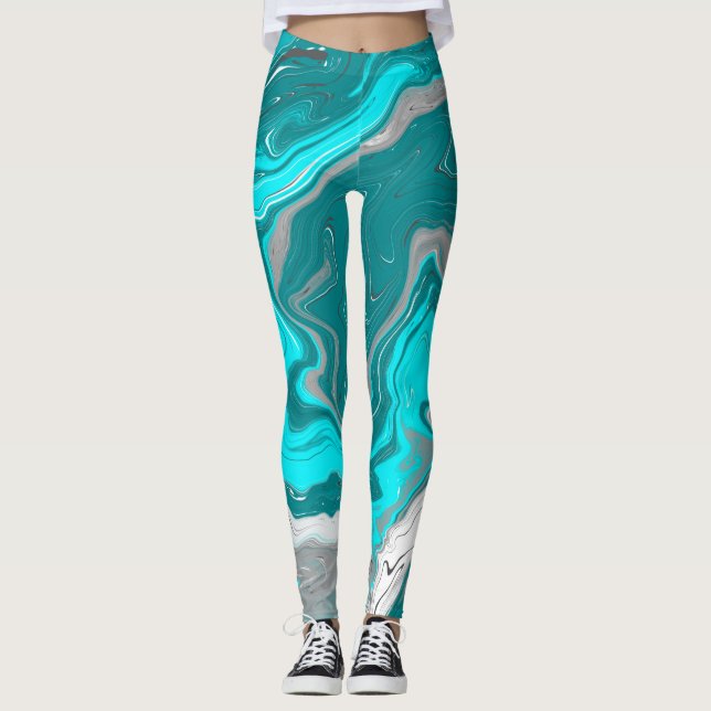  Turquoise and Teal Marble Fluid Art   Leggings (Front)