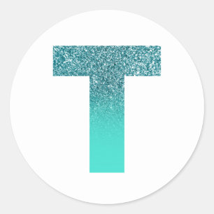 Turquoise and Teal Ombre Glitter Monogram T Classic Round Sticker