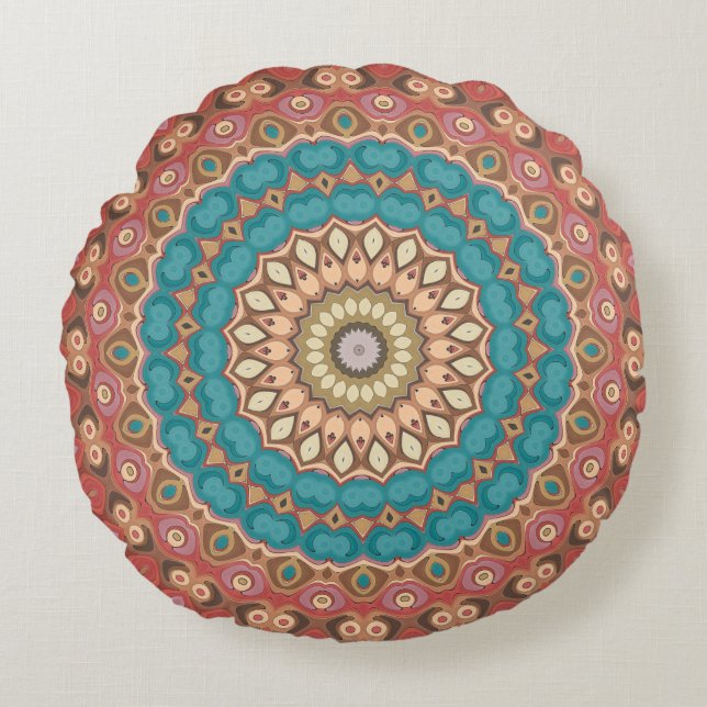 Turquoise and Terracotta Geometric Mandala Pattern Round Cushion (Front)