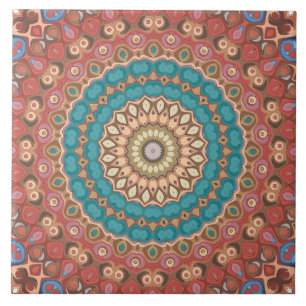 Turquoise and Terracotta Geometric Mandala Pattern Tile