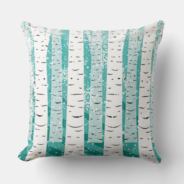 Turquoise and White Birch Trees and Snowflakes Cushion (Front)