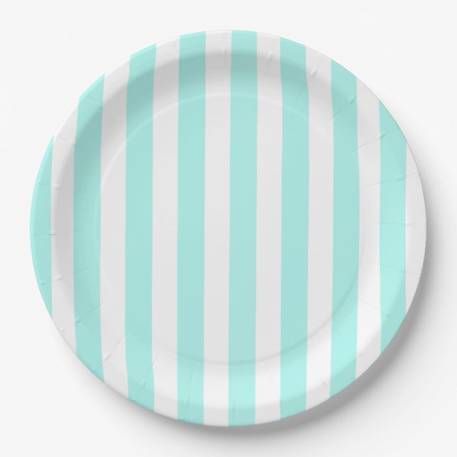 Turquoise and white candy stripes paper plate (Front)