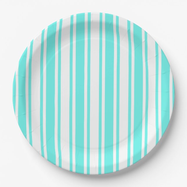 Turquoise and white candy stripes paper plate (Front)