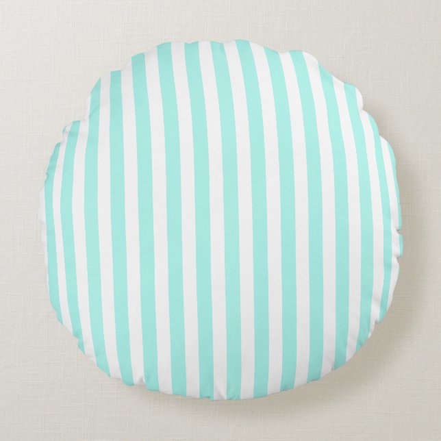 Turquoise and white candy stripes round cushion (Front)