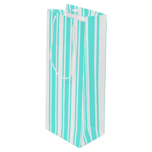 Turquoise and white candy stripes wine gift bag (Front Angled)