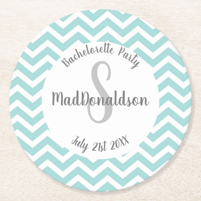 turquoise and white chevron monogram party round paper coaster (Front)