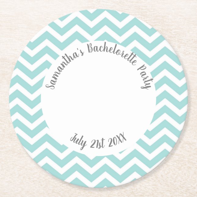 Turquoise and white chevron party round paper coaster (Front)