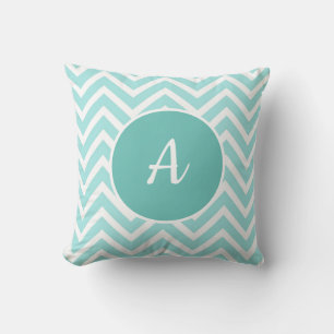 Turquoise and white chevron pattern with monogram cushion
