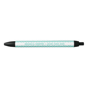 Turquoise And White Chevron With Custom Text Black Ink Pen