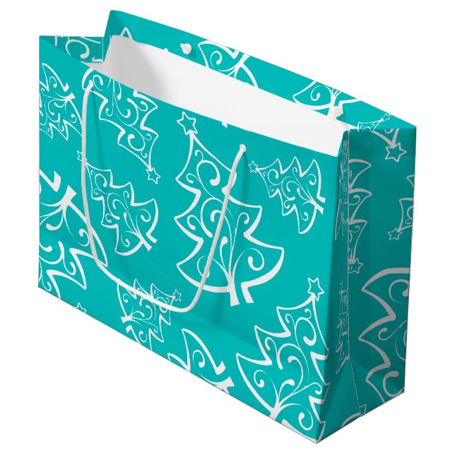 Turquoise and White Christmas Trees Pattern Large Gift Bag (Front Angled)