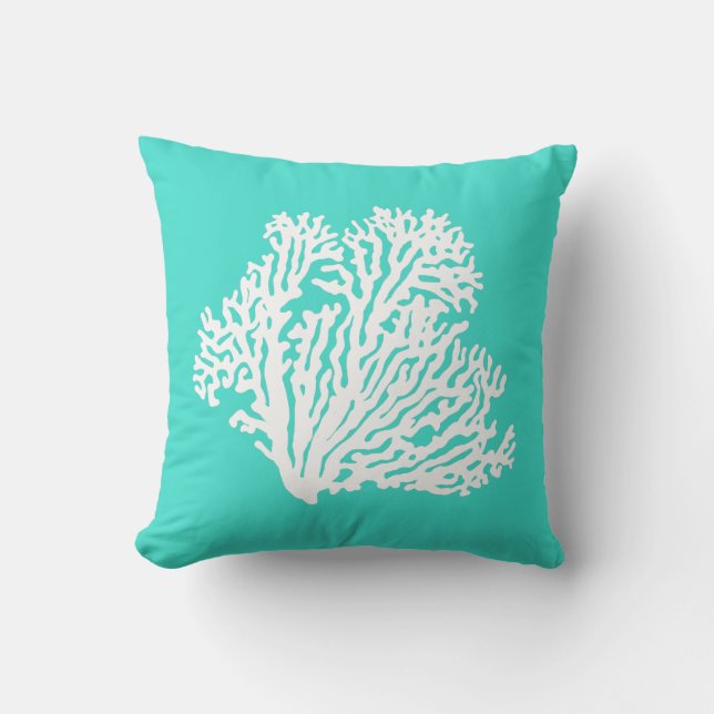 Turquoise And White Coastal Decor Coral Cushion (Front)