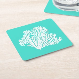Turquoise And White Coastal Decor Coral Square Paper Coaster
