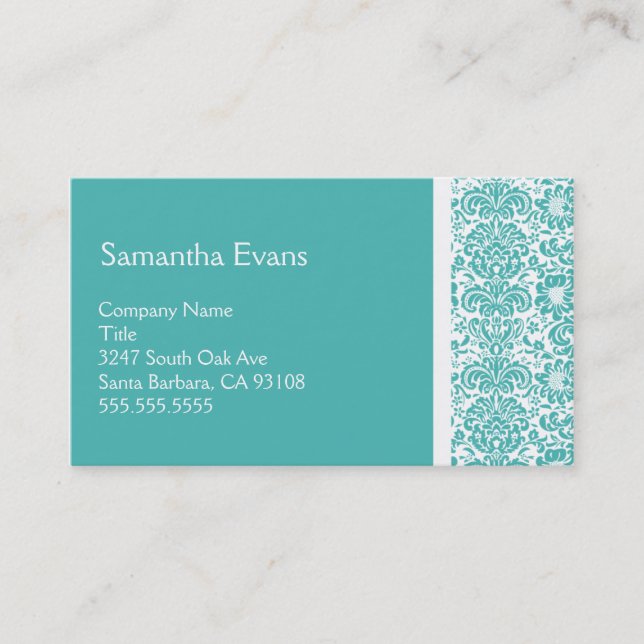 Turquoise and White Damask Business Card (Front)