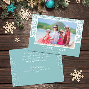 Turquoise and White Damask Christmas Photo Holiday Card