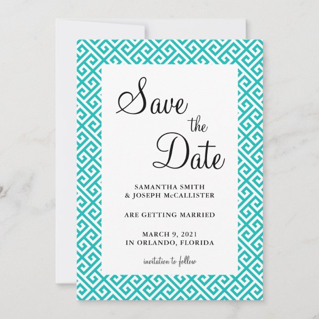 Turquoise and White Diagonal Greek Key Pattern Save The Date (Front)