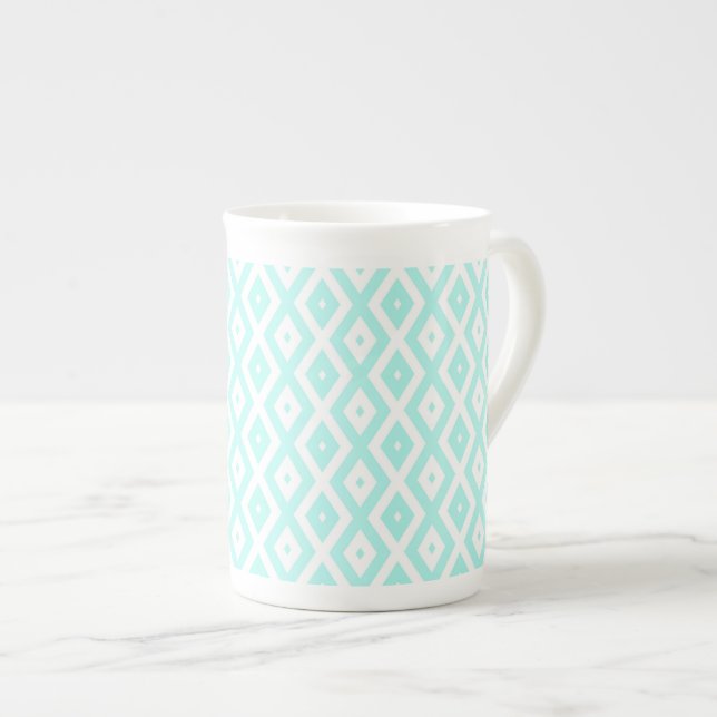 Turquoise and white diamond pattern bone china mug (Front Right)