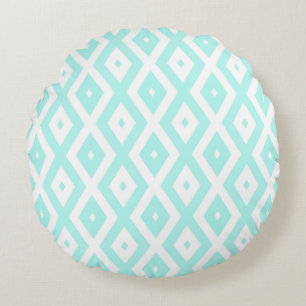 Turquoise and white diamond pattern round cushion