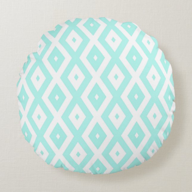 Turquoise and white diamond pattern round cushion (Front)
