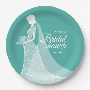 Turquoise and White Elegant Lace Gown Bridal Paper Plate