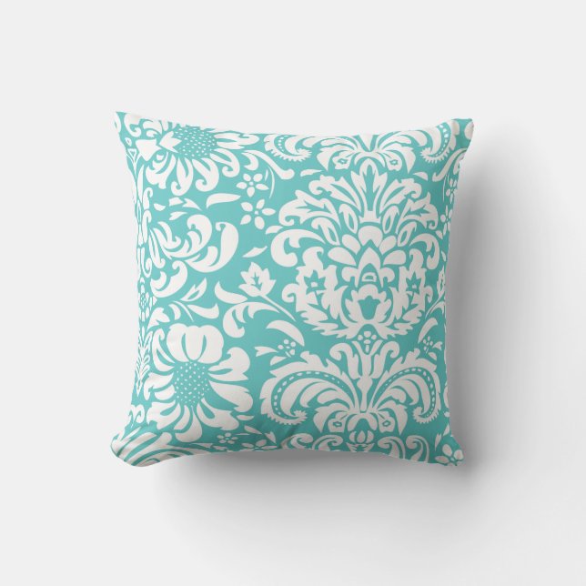 Turquoise and White Floral Damask Cushion (Front)