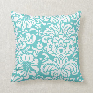 Turquoise and White Floral Damask Cushion