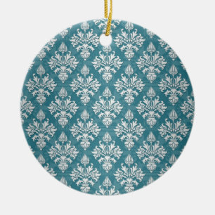 Turquoise and White Floral Damask Pattern Ceramic Tree Decoration