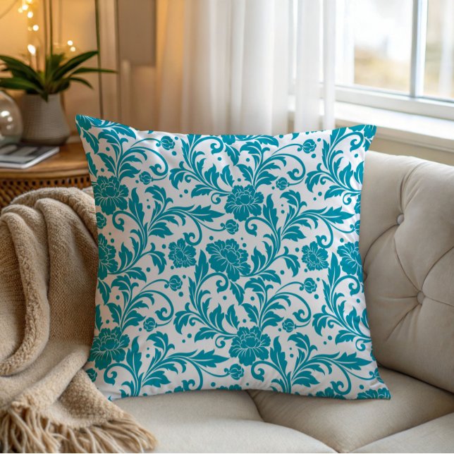 Turquoise and White Floral Damask Pattern Cushion (Creator Uploaded)