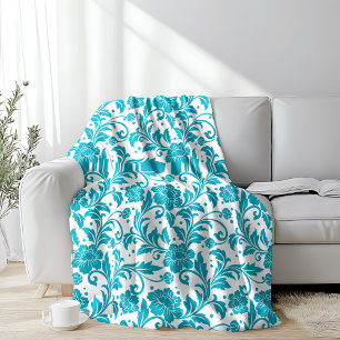 Turquoise and White Floral Damask Pattern Fleece Blanket
