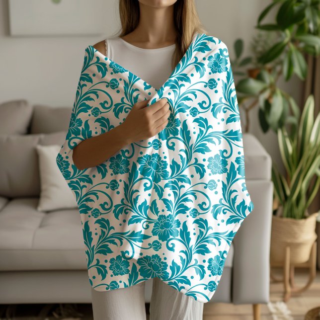 Turquoise and White Floral Damask Pattern Sherpa Blanket (Creator Uploaded)