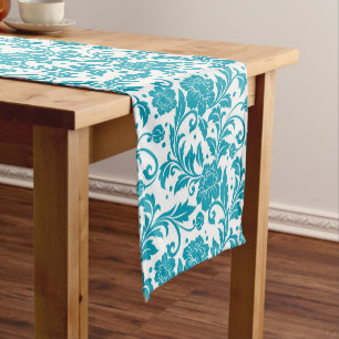 Turquoise and White Floral Damask Pattern Short Table Runner
