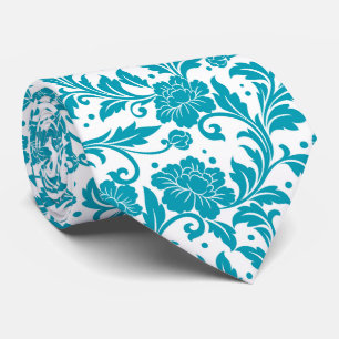 Turquoise and White Floral Damask Pattern Tie