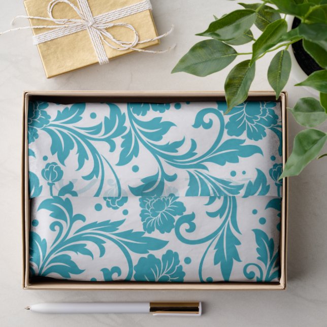 Turquoise and White Floral Damask Pattern Tissue Paper (Gift)