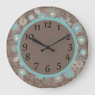 Turquoise and White Floral on Brown Wall Clock