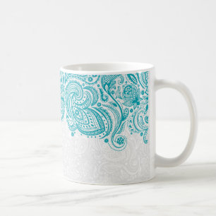 Turquoise And White Floral Paisley Lace Coffee Mug