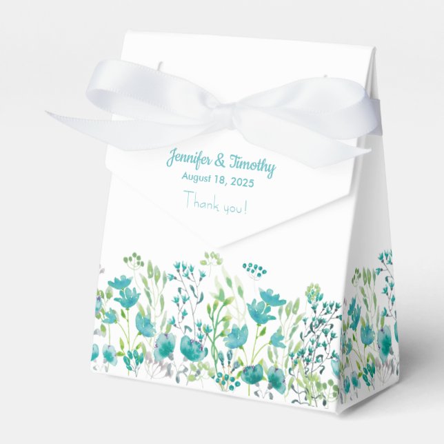 Turquoise And White Floral Personalised Wedding   Favour Box (Front Side)