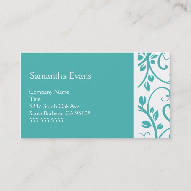 Turquoise and White Floral Vine Business Card (Front)
