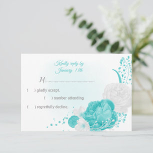 turquoise and white flowers botanical  RSVP card