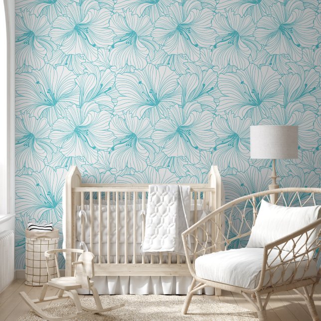 Turquoise and White Flowers Pattern Wallpaper (Kids)