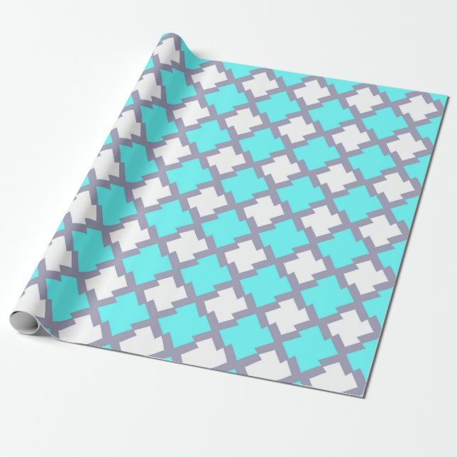 Turquoise and White Geometric Pattern Wrapping Paper (Unrolled)